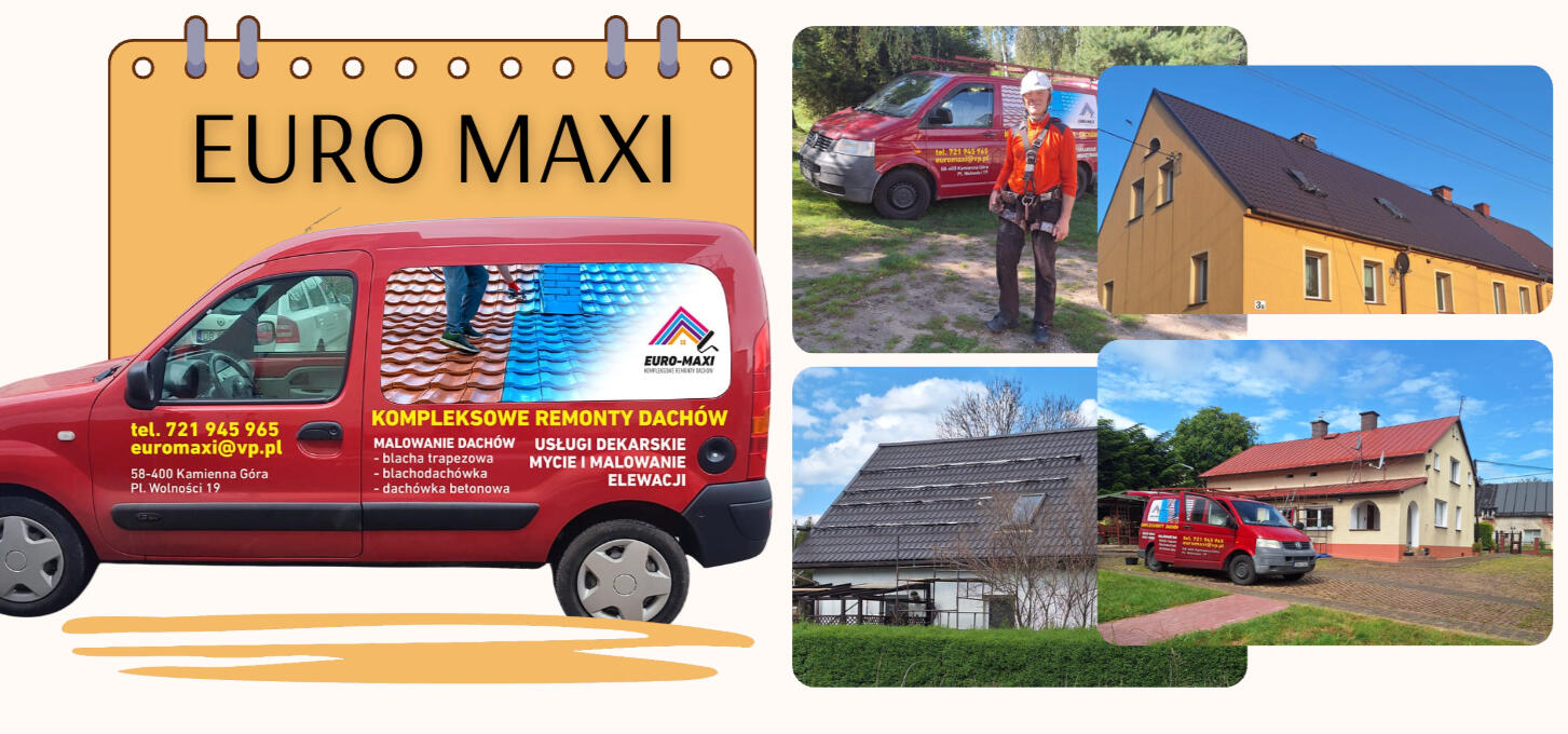 Euro maxi Remonty dachów, usługi dekarskie: • obróbki blacharskie, kominy • rynny, okna dachowe